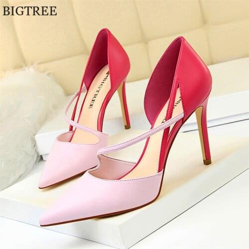 Korean Sweet Shallow Women Pumps 2021 Mixed Colors Soft Leather Fashion Womens High Heels Shoes Cut-Outs Party Shoes Sexy Woman