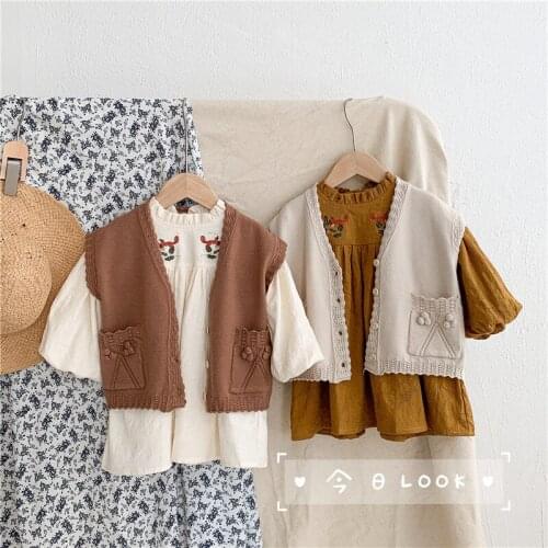 Autumn New Infant Girls Knitted Cardigan Toddler Girls Sleeveless Vest Tops Kids Cotton Handmade Pompom Casual Sweater Clothes