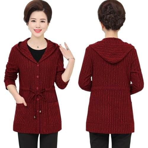 Middle-aged Womens Coat 2020 New Spring Autumn Drawstring Hooded Plus Size 5XL Knitting Jacket Ladies Elegant Outerwear A1871