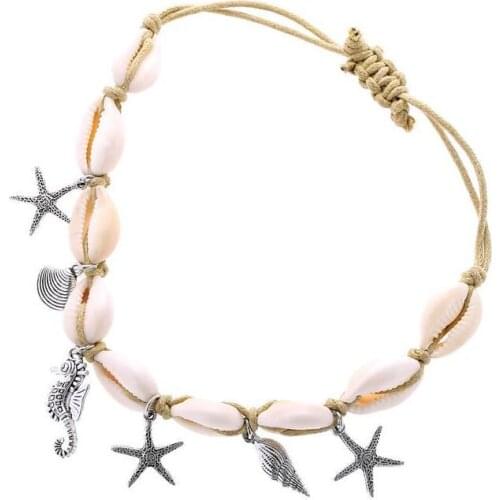 Adjustable tropical wax rope chain anklet for women shell alloy starfish sear horse conch statement barefoot Anklet feet jewelry