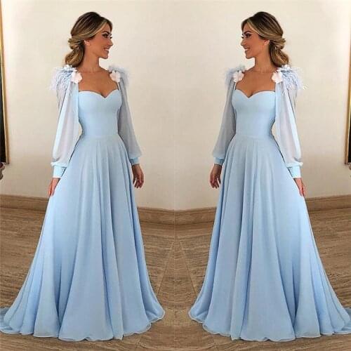 Blue Prom Dresses 2020 Sweetheart Flowers Puff Sleeve Prom Gowns A-Line Elegant Party Evening Dresses Vestidos De Gala