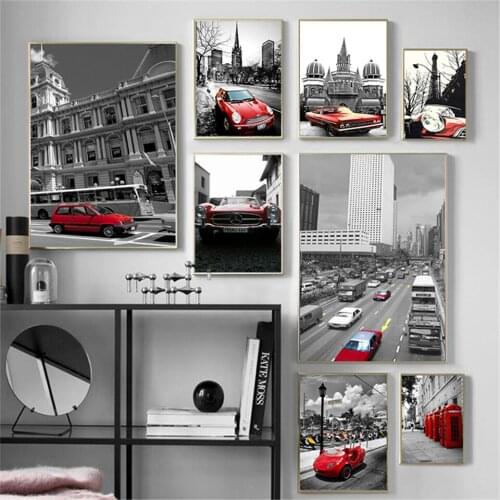 Modern Wall Art Decorative Red Retro Car Canvas Print City London Paris Landscape Posters Prints Paintings For Living Room Decor