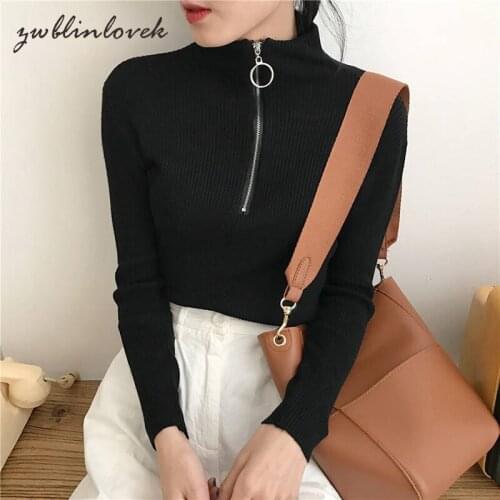 Women Spring Turtleneck Pullover Tops T-Shirt Long Sleeve Zip Women Knitted Top Pull Slim Casual Tees Femme Blusas 2C0077