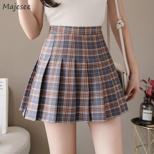 Mini Skirts Womens Pleated Preppy Style Plaid Leisure Abdomen Fashion Student All-match Summer Korean Version Prevalent Empire