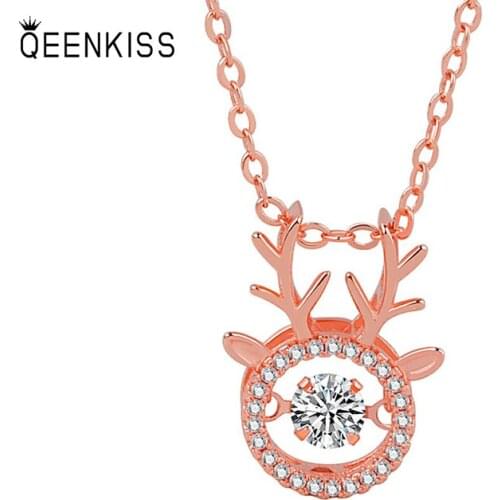 QUEENKISS NC624Ewelry Wholesale Fashion Lady Girl Birthday Wedding AAAZircon Round Deer18KT RoseGold White Gold Pendant Necklace