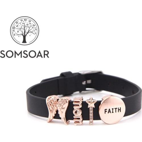 Somsoar Jewelry Genuine Leather Wrap Angel Wings & magic stick Slide Charm Bracelet Set with DIY Charms for Mothers Day Gift