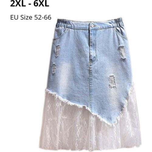 Plus Size Womens Denim Skirt 2020 Korean Style 6xl 5xl 4xl 3xl 2xl Summer Skirts Femme A-Line Mini Skirts With Lace For Mujers