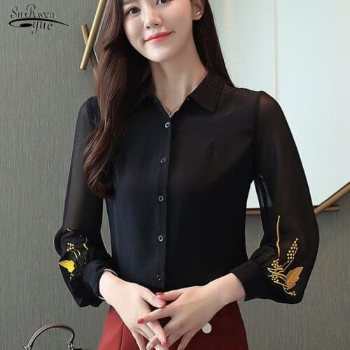 New 2021 Autumn Long Sleeve Black Chiffon Womens Blouse Shirt Office Lady Embroidery Slim Women Clothes Chemisier Femme 6094 50