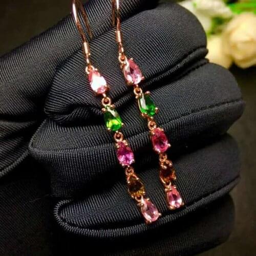 Fashion Fine long line Natural Multicolor tourmaline drop earrings 925 silver natural gemstone earrings women party fine jewelry
