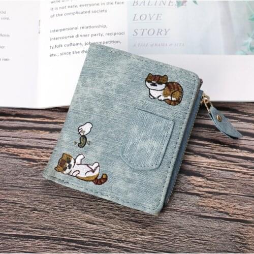 Jeans Style Women Short Wallets Cat Embroidered Canvas Clutch Large Capacity Buckle Fashion Coin Purse Coach Women Handbags