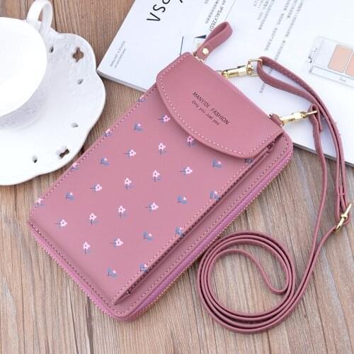 2021 Women Wallet Flower Print Leather Shoulder Straps Shoulder Bag Mobile Phone Big Card Holders Wallet Handbag Pockets Girls