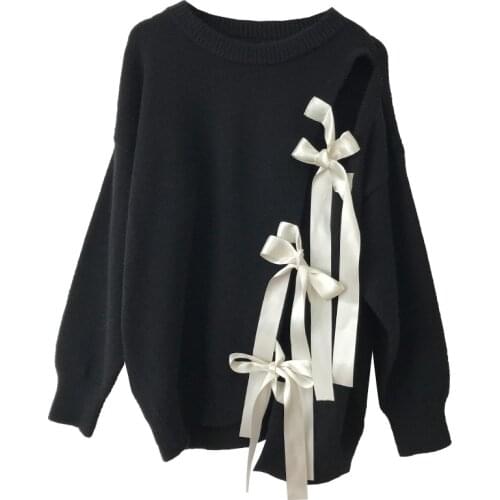 Korean Womens Sweater Long-sleeved Hollow Knit Loose Pullover Sweet Bow Tie Casual Fashion 2021 Autumn Winter New