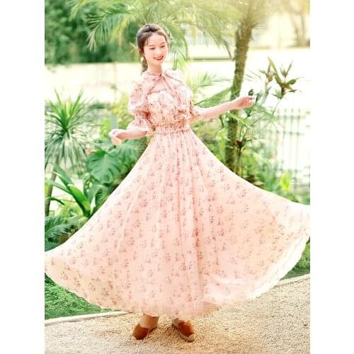 TIYIHAILEY Free Shipping 2020 Fashion Women Chiffon Long Maxi Ruffles Half Sleeve Dresses Summer Boshow Bohemian Pink Dress S-L