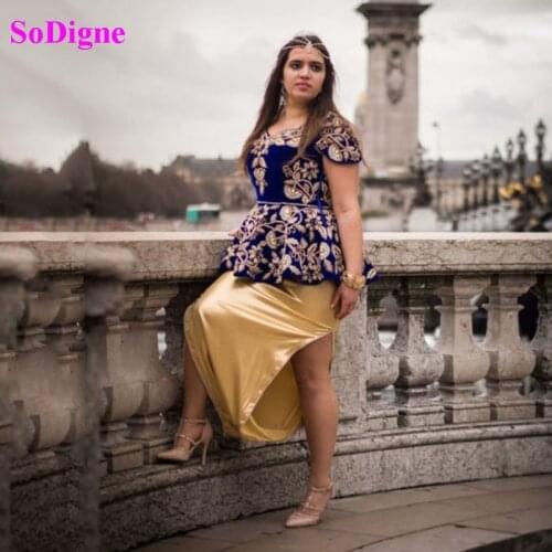 SoDigne Moroccan Caftan Evening Dress Gold Appliques Lace Cap Sleeve Royal Blue Short Velvet Arabic Formal Women Party Dress