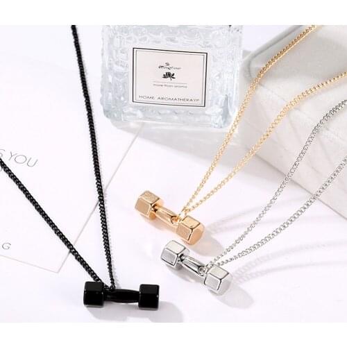 Gold Black Color Dumbbell Fitness Necklaces Pendants Chain for Boyfriend Women Personality Stainless Jewelry Creativity Gift