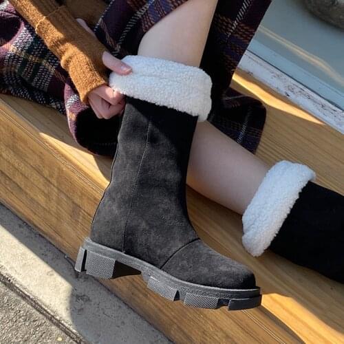 Size 33-42 Women Snow Boots Leather Warm Fur High Heel Winter Shoes Woman Plush Fashion Platform Short Boot Khaki Brown Black