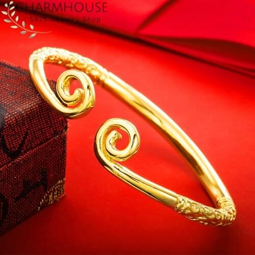 CharmHouse Pure Yellow Gold Color GP Bangle Bracelets For Women Vintage Round Cuff Bangles Wristband Pulseira Fashion Jewelry
