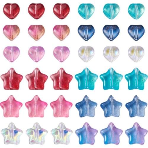 200pcs Star Heart Shape Electroplate Glass Beads with Glitter Powder Loose Beads for Jewelry Making Earrings DIY Mixed Color