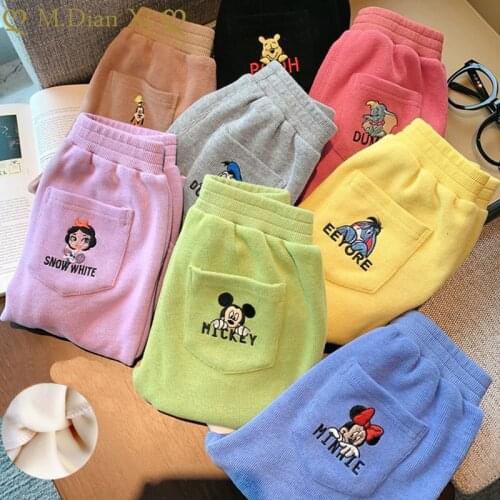 Kids Thicken Cartoon Pattern Pants Girls Autumn Winter Plus Velvet Trousers Baby Girls Minnie Boys Pants Childrens Clothing