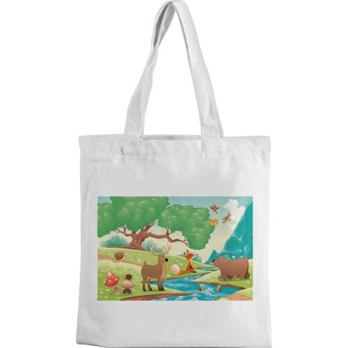 Canvas bag cartoon animal picture printed canvas bag large capacity white fashion shoulder bag casual eco-friendly shopping bag