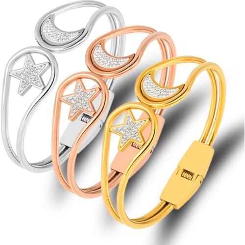 Classic Crystals Moon Star Bangles & Bracelet for Women Stainless Steel Jewelry Hollow Charm Cuff Bracelet Fashion Bijoux Gift