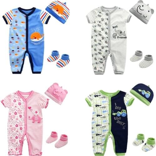 3pcs baby girl clothes set 2019 infant female baby short-sleeved romper socks cute hat toddler clothes 0-9m