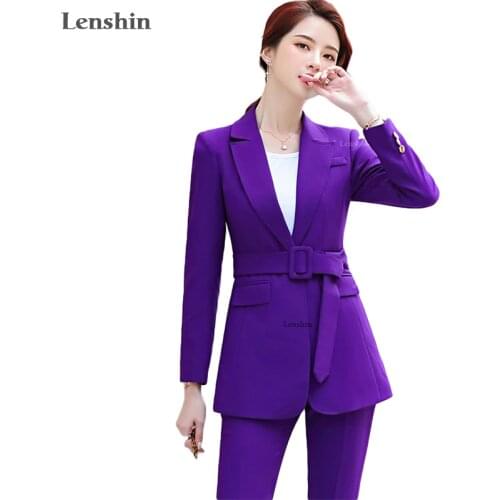 Lenshin High Quality 2 Piece Suit Set Women Purple Pant Suits Business Office Lady Work Wear Formal Blazer with Sashes