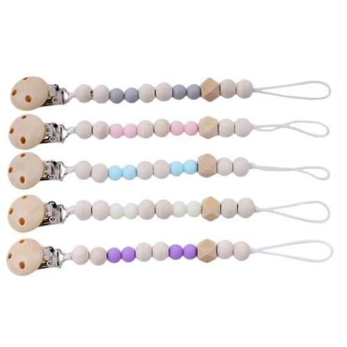 1Pcs Creative Baby Pacifer Holder Chain Silicone Beach Beads Holder Chain Wooden Handmade Baby Teether Chain Holder Infant Gift