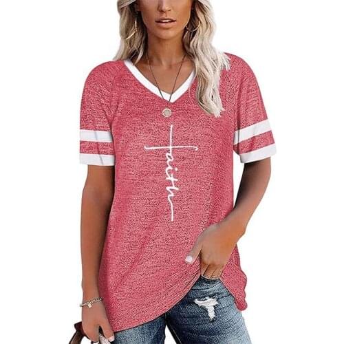 Summer Faith Print T-shirt Womens Clothes Fashion Streetwear V Neck Short Sleeve Plus Size Vintage Tops Casual Tee Shirt Femme