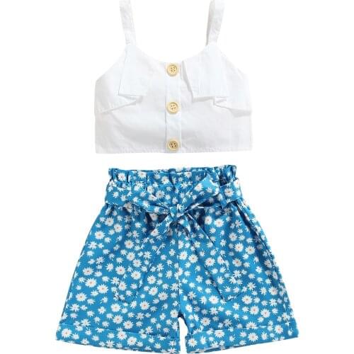 Summer Kids Girl Clothes Sets Sleeveless Straps Button Crop Tank Tops+Bow Knotted Flowers Print Wide Leg Shorts 2-7Years