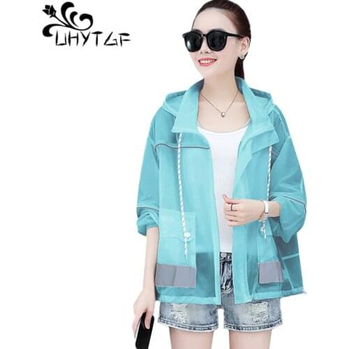 UHYTGF Fashion women sun protection clothing breathable outdoor thin summer tops coat long sleeve hooded casual short jacket 889