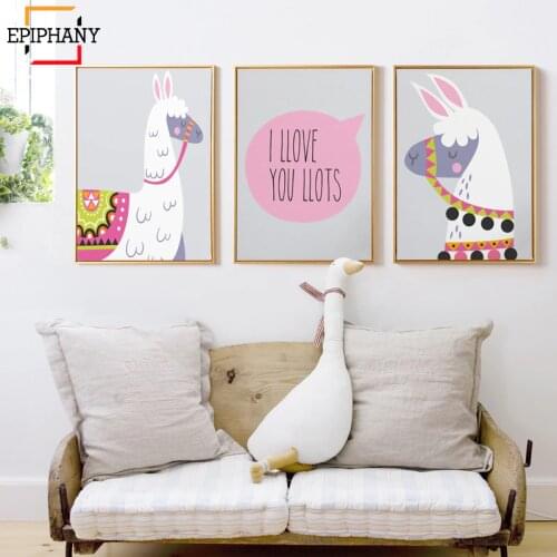 Lama Wall Art Print Nursery Cactus Canvas Painting Kids Room Alpaca Prints Cartoon Posters Nordic Paintings for Bedroom Decor