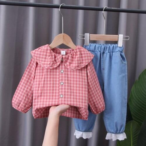 2021 New Fashion Children Wear Girls Plaid Clothing Sets Spring Autumn Kids Cotton T-shirt Jeans Pants 2 Pcs/Sets Baby Tracksuit