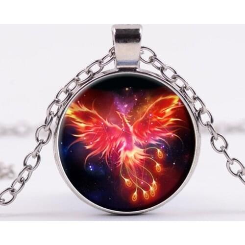 Classic Flame Phoenix Round Glass Pendent Necklace Fire Bird Necklace for Women Men Girls Kid Neck Collar Jewelry Gift Wholesale