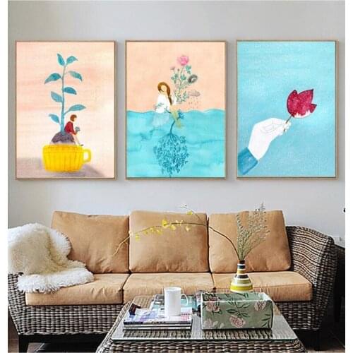 Nordic Style Posters and Prints Cartoon Girls Flower Canvas Painting Modern Home Decoration Living Room Wall Art Pictures