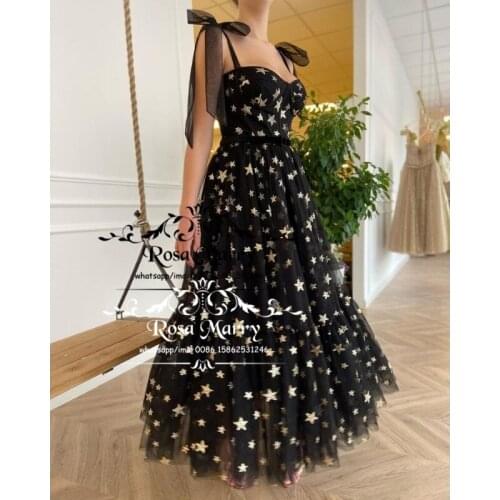Black Star Tulle Fairy Prom Dresses 2021 A Line Plus Size Tea Length Girls Engagement Formal Evening Party Gowns For Women