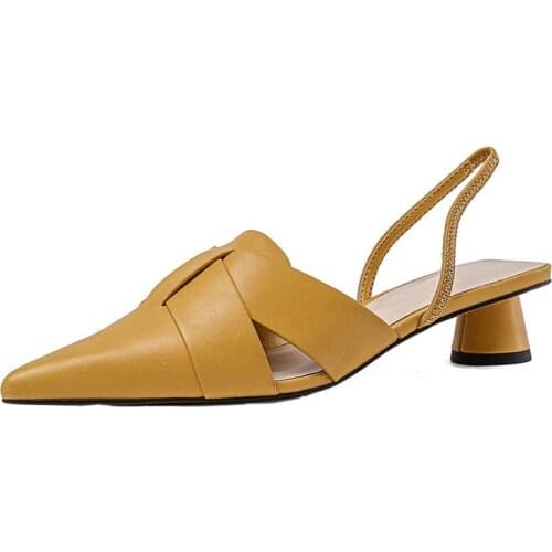 Summer Fashion Genuine Leather Pointed Toe Middle Heel Womens Shoes chunky Bao Toe Cross BeltSandals