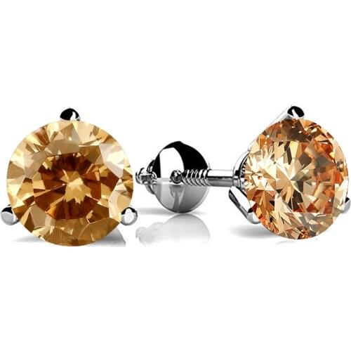 Champagne Gemstone 3 Prong Round Screw Back Earrings For Women Wedding Jewelry 925 Sterling Silver Crystal Zircon Stud Earrings