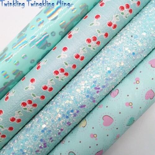 Blue Glitter leather, Cherry and Hearts Printed Synthetic Leather Faux Fabric Sheet For Bow 21x29CM Twinkling Ming KM349