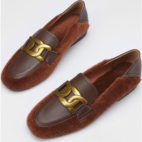 Fashion Woman Spring Winter Shoes Women Slip On Flats Ladies Round Toes Wool Loafers Girls Walking Casual Shoes Brown White33-40