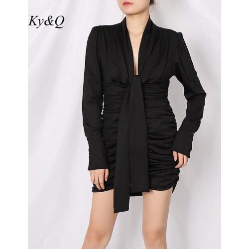 Vintage Women Fashion Luxury Autumn New Party Dress Sexy Deep V-neck High Waist Black Pleated Slim Mini Dress Party Clothes 2020