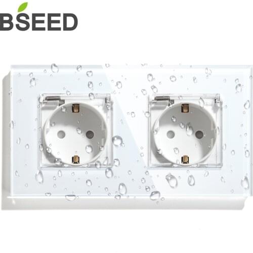 BSEED WaterProof Double Wall Socket EU Standard Power Plug With White Black Glod Mirror Crystal Glass Panel 157mm16A 110V-250V