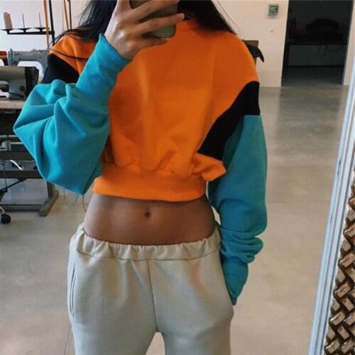 2018 Women Spring Autumn Orange Hoodies Long Sleeve Loose Crop Top Sweatshirt Female Shirt Casual Patchwork Pullovers Clothes