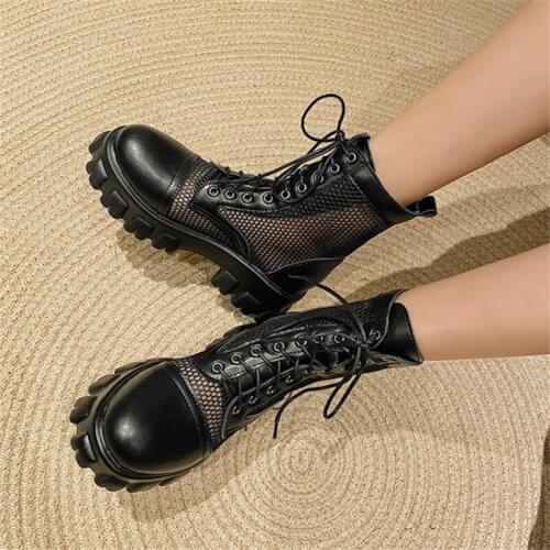 PXELENA Gothic Rome Women Spring Fall Mesh Breathable Ankle Boots Platform High Heels Chunky Punk Shoes Large Size 34-46 Black