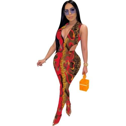 Womens Sleeveless Cut Out Skinny Long Pants Jumpsuits Print Rompers Clubwear