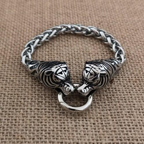 Nordic Viking stainless steel double tiger head tiger bracelet exaggerated titanium steel chain punk bracelet jewelry
