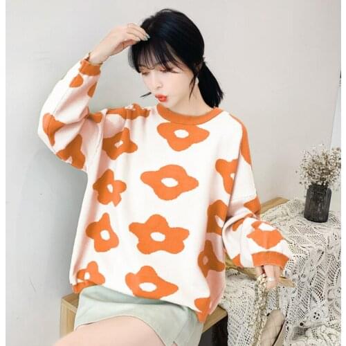 Womens Oversize Sweater Pullovers Autumn Winter O-Neck Sweet Flower Printed Elastic Jumpers Long Sleeve Knitted Sweater Female