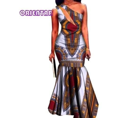 Special design African Wax Print Dresses for Women Bazin Riche Sexy One-Shoulder Long Dress Lady Elegant Party Dress WY496