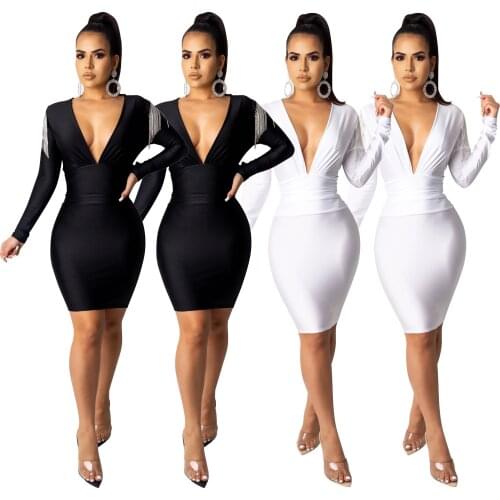FNOCE 2020 autumn womens dresses sexy nightclub fashion casual solid long sleeve v-neck tassel elegant slim tight mini dress