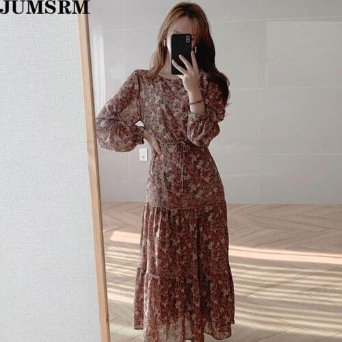 2020 Summer Spring New Women Dress Vintage Korean O Neck Chiffon Female Casual Slim Printed Floral A-Line Party Dress Vestidos